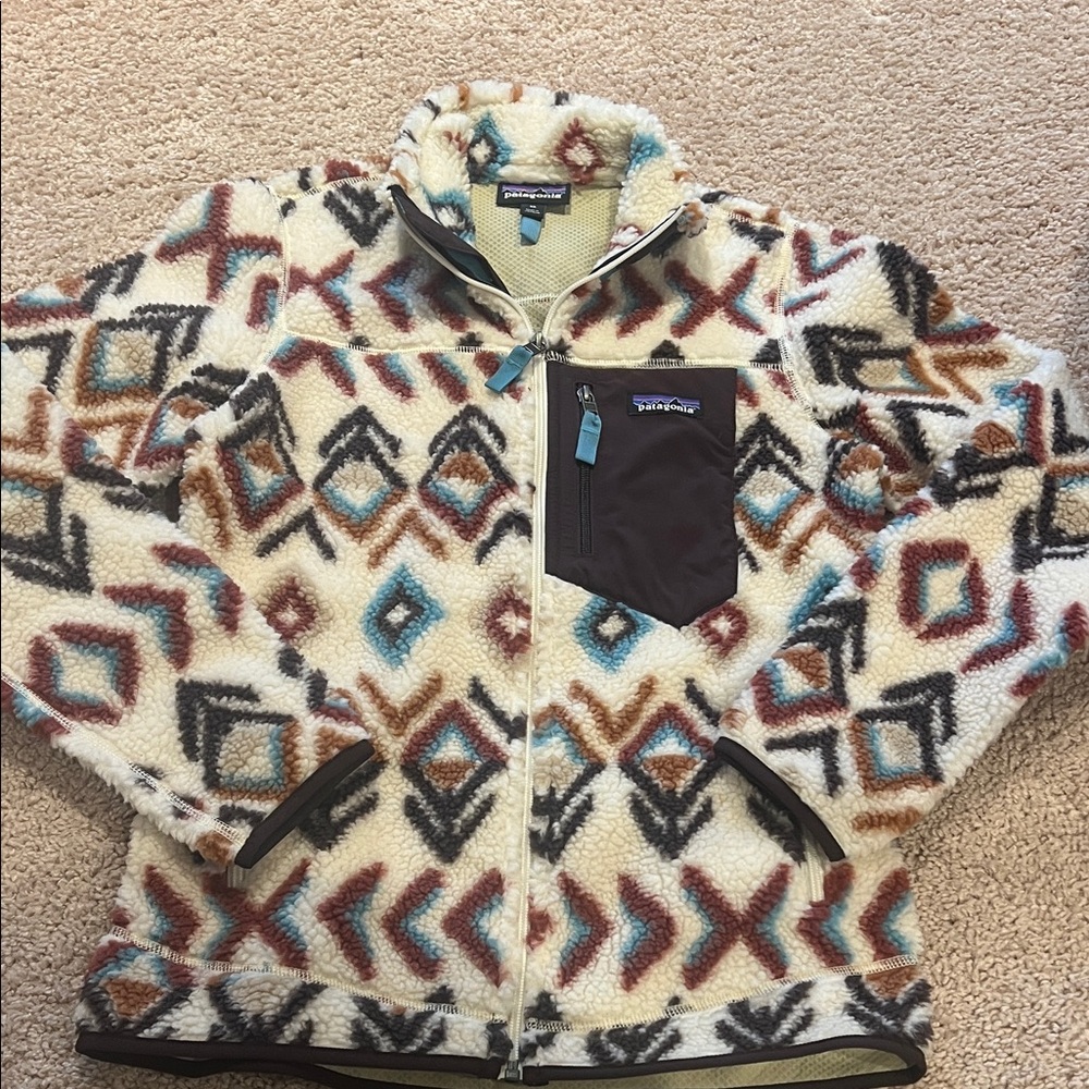 Patagonia Cream Aztec-Pattern Fleece Jacket with Teal & Brown Accents